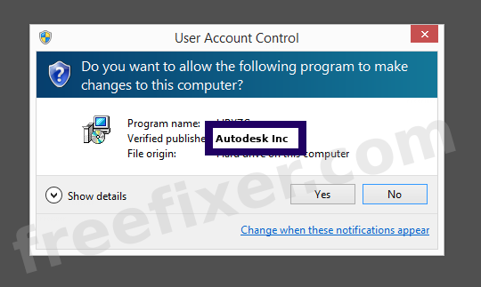 Screenshot where Autodesk Inc appears as the verified publisher in the UAC dialog